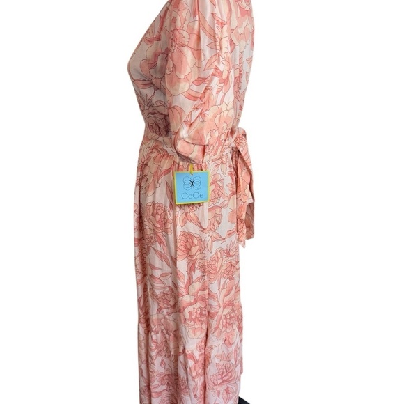 CeCe Linen Blend Puff Sleeve Floral Maxi Dress Peach Pink Garden Print S - Picture 5 of 12